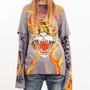 Y2K Ed Hardy by Christian Audigier Tiger tattoo print long sleeve tee XL